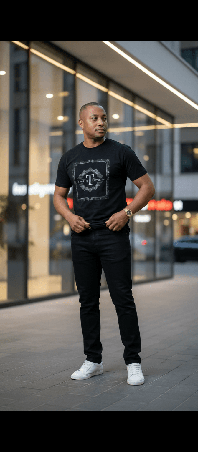 Timeless Style Black Crew Neck T-Shirt with Logo Print